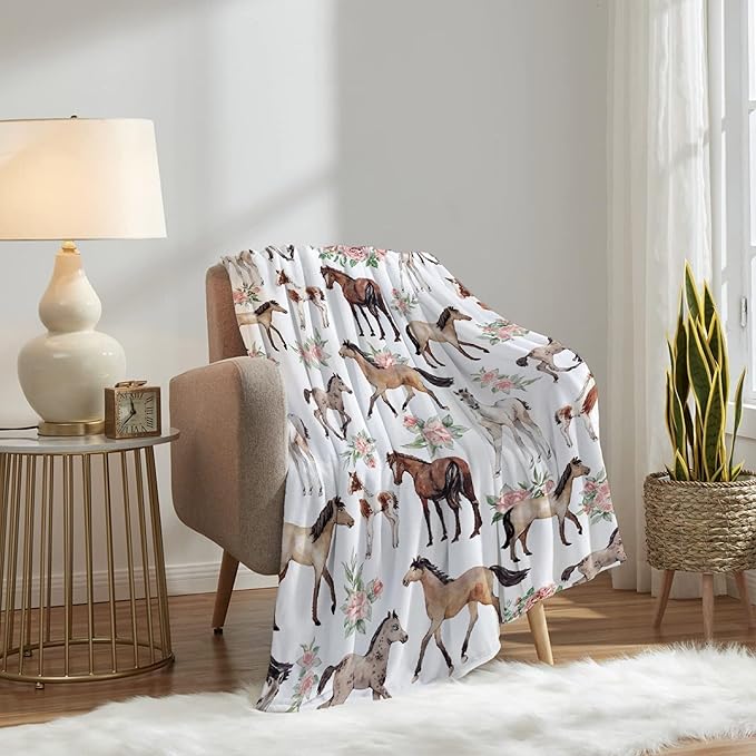 Horse Rose Throw Blanket for Women Men Flowers Blanket Gifts for Adults Cute Horses Lightweight Blanket 60X80 Inches for Bed All Season