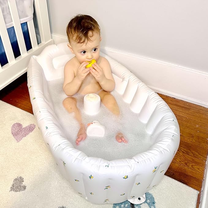 Mink Inflatable Baby Bathtub with Built-in Air Pump, Newborn to Toddler Bath Tub,Portable Travel Shower Basin with Back Support, Deflates and Folds Easily (Olive Bath)