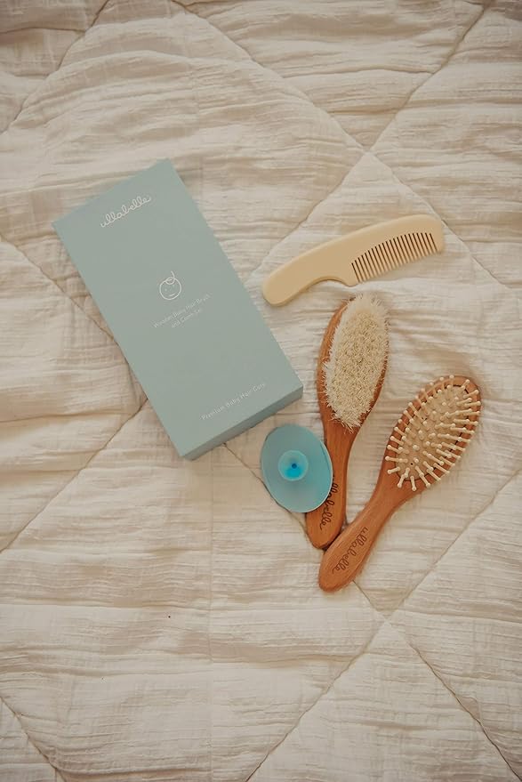 Ullabelle 4 Piece Wooden Baby Hair Brush and Comb Set for Newborns & Toddlers in Chic Gift Box - Ultra Soft Natural Goat Hair and Wood Baby Brush Set Prevents Cradle Cap - Perfect Registry Gift (Blue)