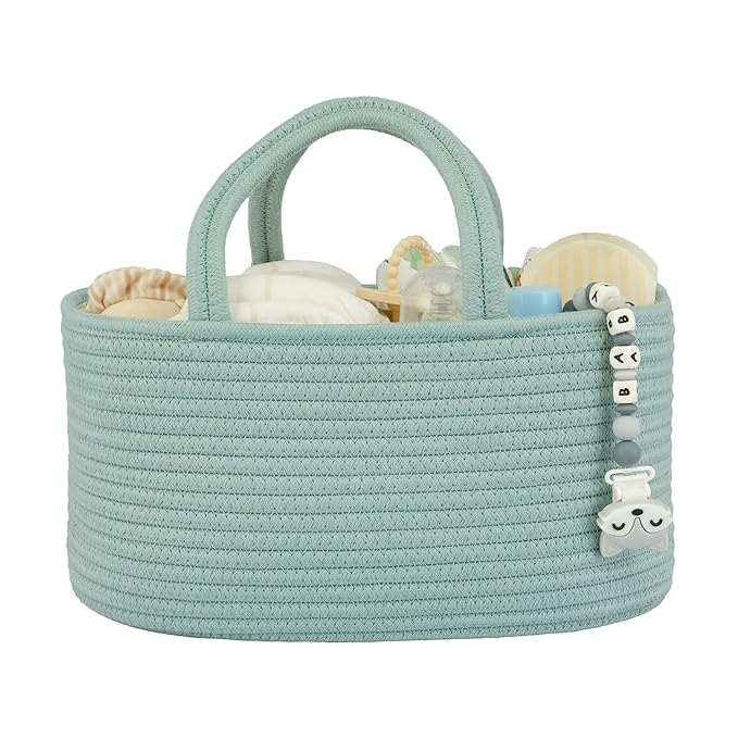 Diaper Caddy Organizer for Baby Cotton Rope Nursery Storage Bin Basket Portable Holder Tote Bag for Changing Table Car Travel Baby Shower Gifts Newborn Essentials Registry Must Haves Light Green