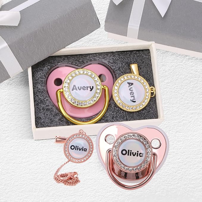Customized Pacifier with Name, Personalized Pacifier Clip Set with Gift Box, Glitter Crystal Luxury Bling Soother Dummy, Ideal Gift for Girls Baby Shower Newborn Photography(Red)
