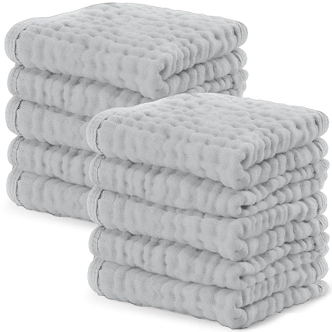 Comfy Cubs Muslin Baby Washcloths 10 Pack - Soft 6-Layer Cotton Wash Cloths for Sensitive Skin - 10"x10" Large, Gentle, Absorbent Infant Essentials for Newborn and Toddlers - Heather Blue
