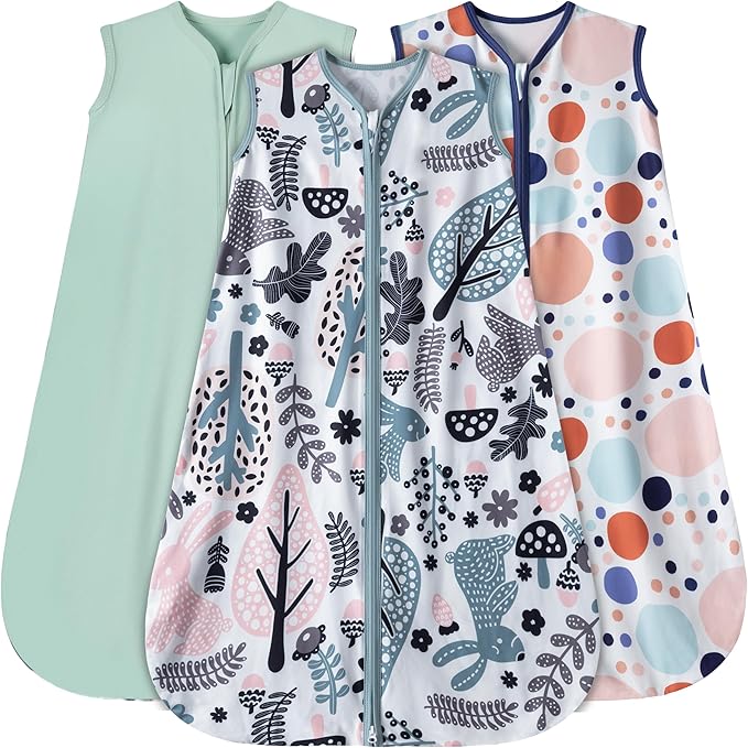 Baby Sleep Sack 0-6 Months 3 Pack Baby Wearable Blanket 100% Rayon Cotton 2-Way Zipper Toddler Sleeping Sack .Comfy Soft Lightweight TOG 0.3 (Rabbit&Rocks&Green, 0-6 Months)