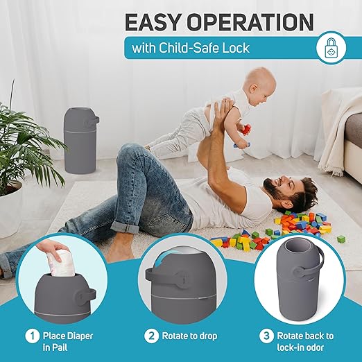 L.A. Baby Magic Diaper Pail - Patented 100% Odor-Free System with Child-Safe Lock - Award-Winning Design - No Refills Required - Works with Regular Trash Bags - Gray