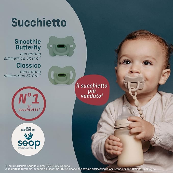 Color Essence SX PRO Silicone Baby Pacifier 1Pk, Made with 100% Soft Silicone, Baby Essentials Perfect for Breastfeeding Babies, Designed in Spain, 0-6 Mths, Blue
