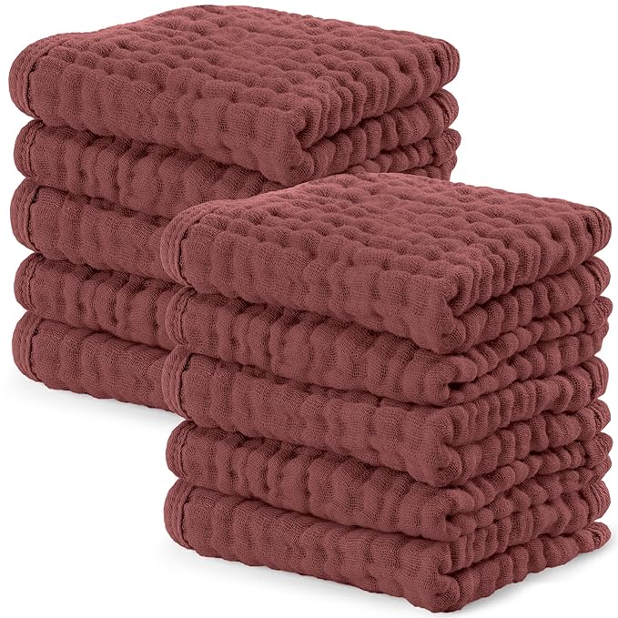 Comfy Cubs Muslin Baby Washcloths 10 Pack - Soft 6-Layer Cotton Wash Cloths for Sensitive Skin - 10"x10" Large, Gentle, Absorbent Infant Essentials for Newborn and Toddlers - Wine