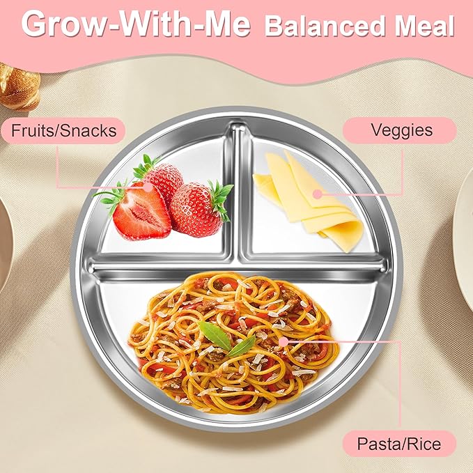 Bella's Friends Stainless Steel Toddler Plates Silicone Suction,3 Packs Non-Slip Baby Plates,Divided Portion,Food-Grade Silicone Plate for Kids,LEAD-FREE Dishwasher Safe,Grey Green Pink