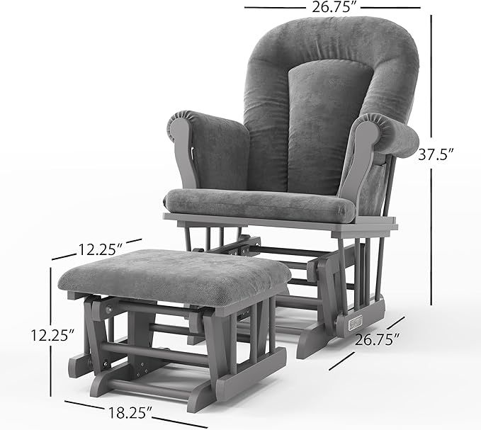 Child Craft Cozy Glider Rocker and Ottoman Set, Padded Cushion with Convenient Storage Pockets, Solid Wood Base & Frame (Cool Gray with Dark Gray Cushion)