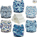 Mama Koala 3.0 Pocket Cloth Diapers for Babies with AWJ Lining, 6 Pack with 6 4-Layer Natural Cloth Diaper Inserts - Reusable and Washable Pocket Diapers(Whales)