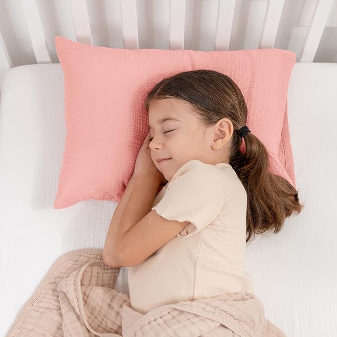 Comfy Cubs Toddler Pillow with Muslin Pillowcase, 13 x 18 in - Travel and Sleep Support for Kids - Lightweight, Breathable Microfiber Fill - Soft and Cozy Small Pillow for Toddlers - Blush