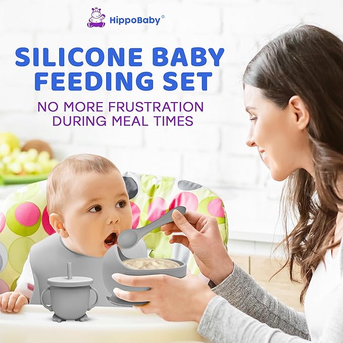Baby Led Weaning Supplies | 10 Piece Silicone Feeding Set | Baby Toddler Bib Cup Divided Plate and Bowl Self Feeding Spoons Dish Set | Baby Utensils | Toddler Feeding Supplies (Cloud)