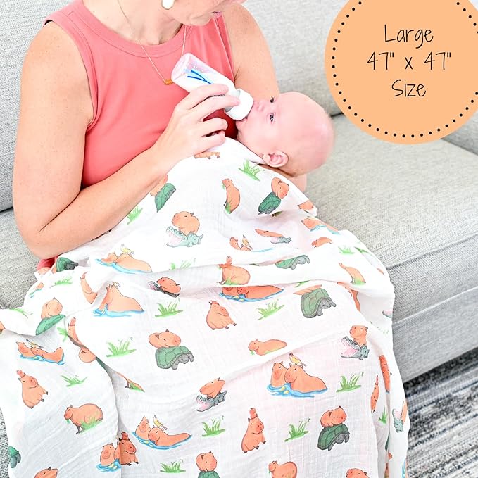 LollyBanks Swaddle Blanket, 100% Cotton Muslin Swaddle Blankets, Neutral Swaddle Blanket 47 x 47 Inches, Baby Blanket for Boys and Girls, Baby Essentials, Registry (Capybara Print)