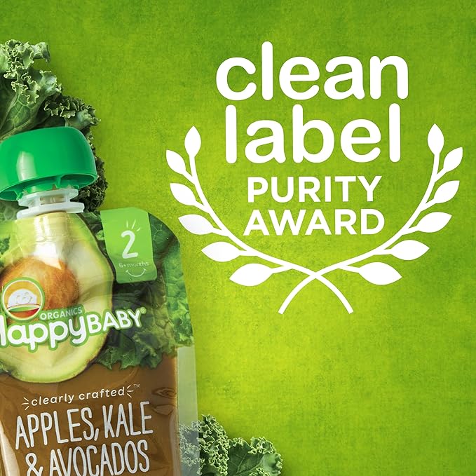 Happy Baby Organics Stage 2 Baby Food Pouches, Gluten Free, Vegan & Healthy Snack, Clearly Crafted Fruit & Veggie Puree, Apples, Kale & Avocados, 4 Ounces (Pack of 16)