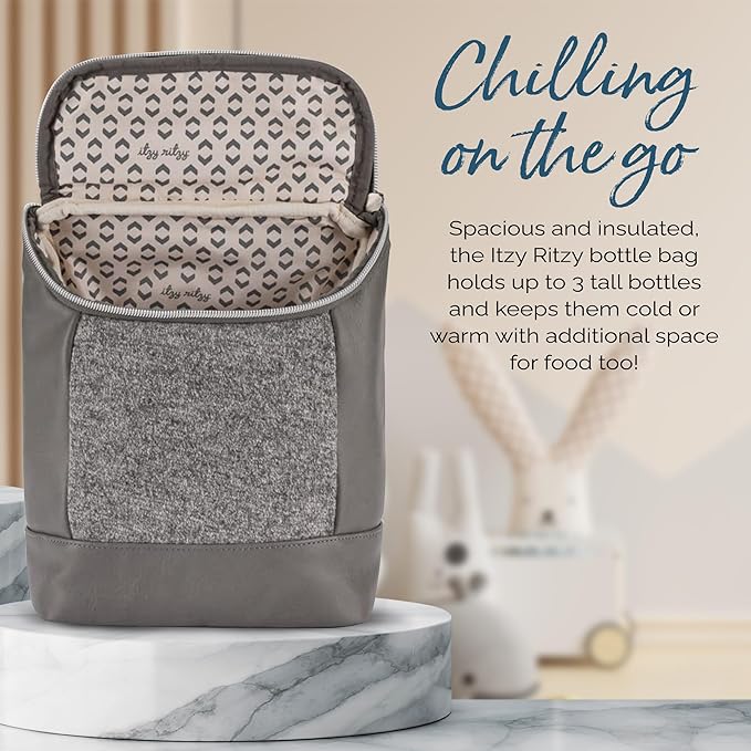 Itzy Ritzy Insulated Bottle Bag – Keeps Bottles Warm or Cool - Holds 3 Bottles and Features Interior Pocket for Ice Pack (Not Included), Grayson