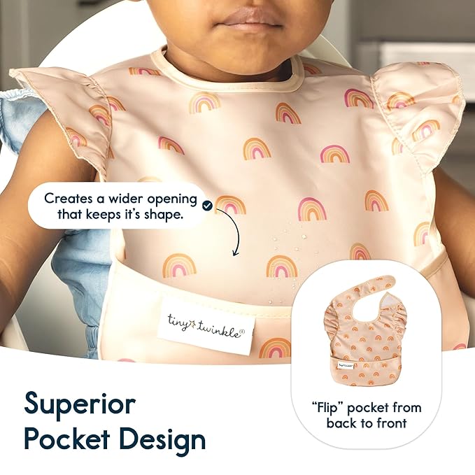 Tiny Twinkle Mess Proof Baby Bibs for Eating – Waterproof, Wipeable Toddler Bibs with Pocket – Baby Food Bibs for Girls & Boys(3 Pack,Boho Set)