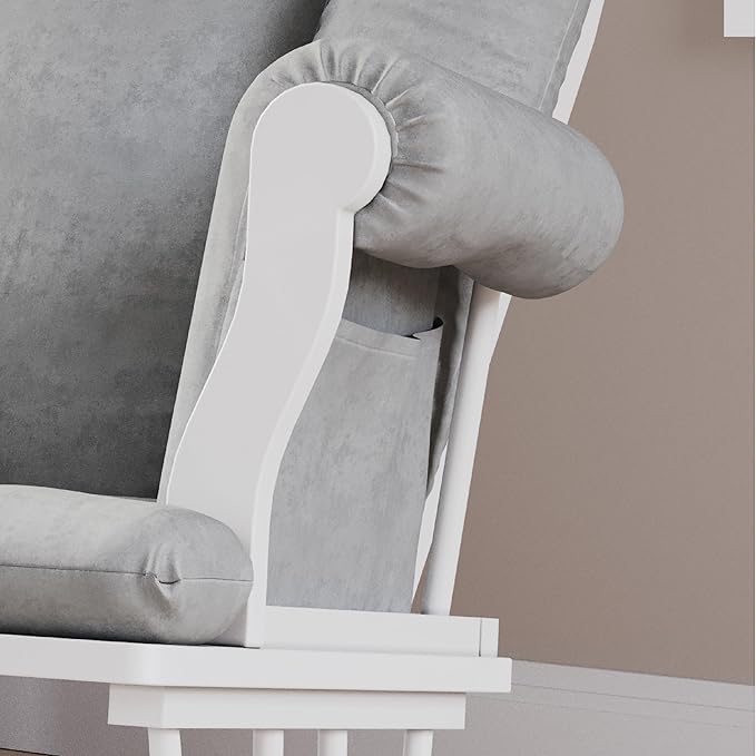 Child Craft Cozy Glider Rocker and Ottoman Set, Padded Cushion with Convenient Storage Pockets, Solid Wood Base & Frame (Matte White with Light Gray Cushion)