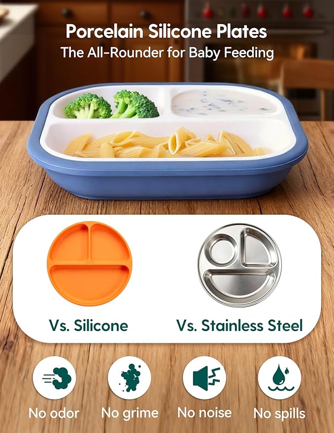 BABELIO 8'' Toddler Porcelain Plates with Silicone Suction Sleeves, Lead & BPA Free, Divided, Microwave & Dishwasher Safe, Stay Put, Suitable for Kids/Babies, Blue