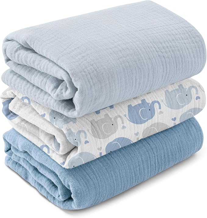 GLLQUEN BABY Muslin Swaddle Blankets,3-Pack Receiving Blanket for Newborn Boys and Girls,Baby Swaddle Blanket Unisex, Elephant,Baby Essentials, Registry & Gift, 40 x 38 inches