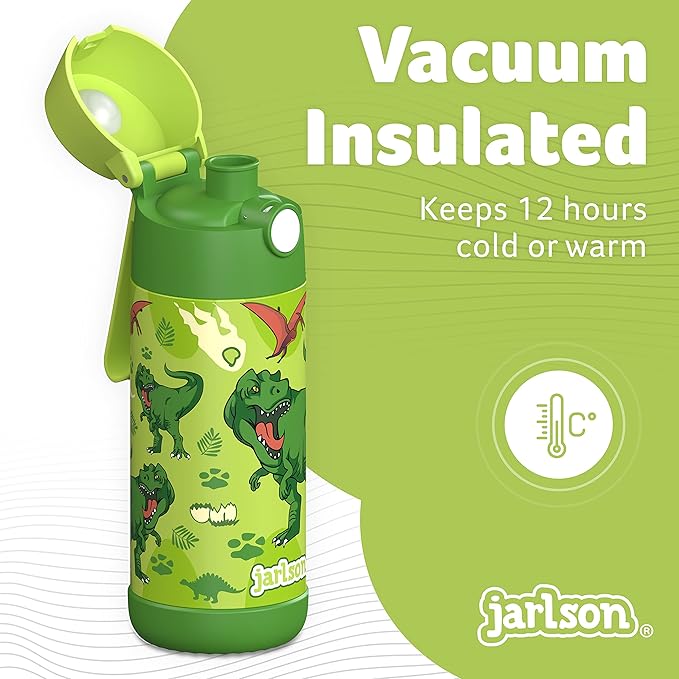 Jarlson® Mali Children's Water Bottle, Thermal Stainless Steel Water Bottle, BPA-Free, Leak-Proof, Children's Bottle with Chug Lid, Bottle for School, Nursery (Dinosaur 'Star', 350 ml)