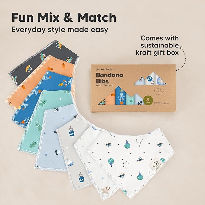 8-Pack Organic Baby Bandana Bibs for Boys, Girls - Super Absorbent Triangle Baby Bibs for Drooling and Teething Infant, 100% Cotton Extra Soft for Newborn, Infant 0-36 Months (Cosmo)