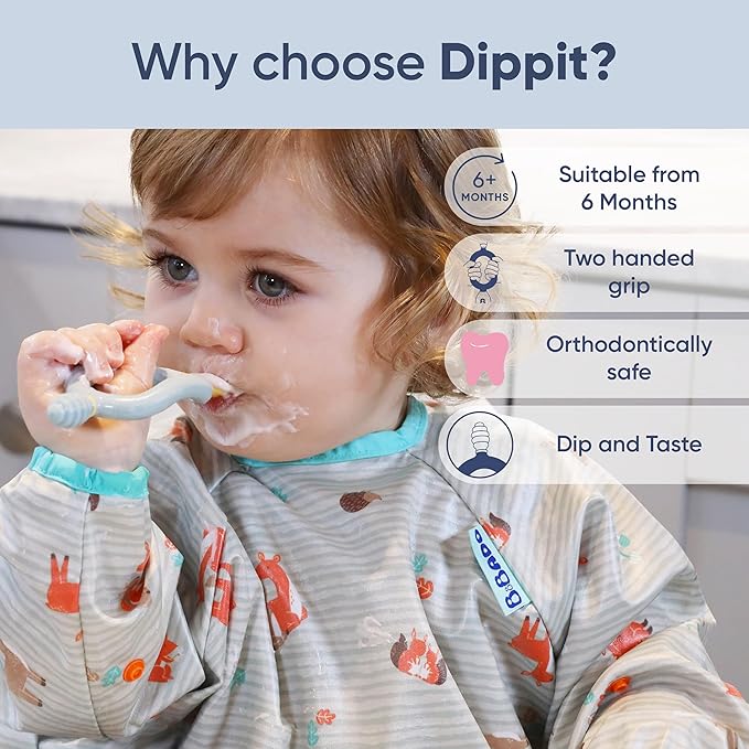 Bibado - Dippit Baby Spoon and Dipper, Green & Grey (2-Pack) - Soft, Chewable Dipper & Deep Spoon - Two-Hand, Sensory Grip - Toddler Utensils - Baby Led Weaning Supplies - Baby Essentials - 6 Months+