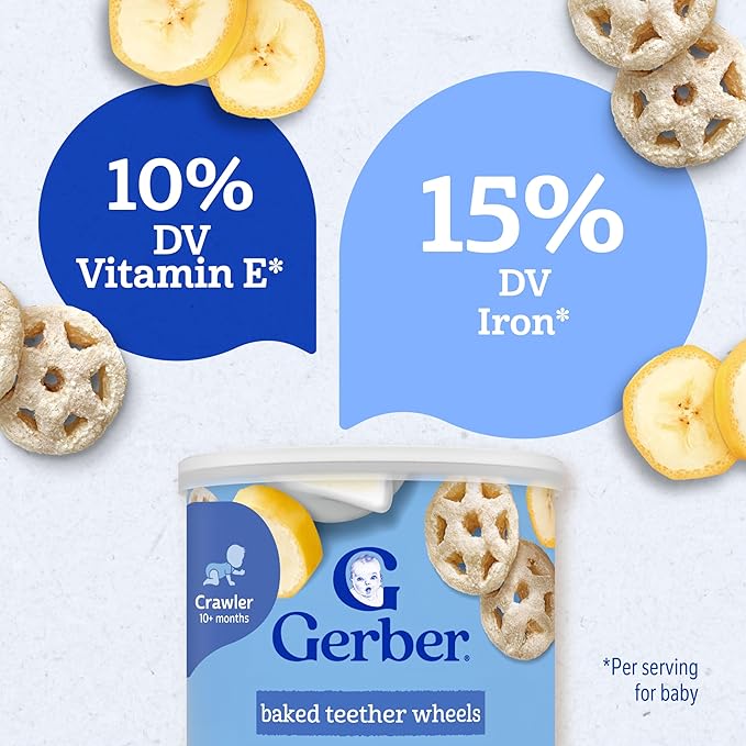 Gerber Baked Teether Wheels, Banana Cream Crunchy Teether Snack, Baby Crackers, 6PK