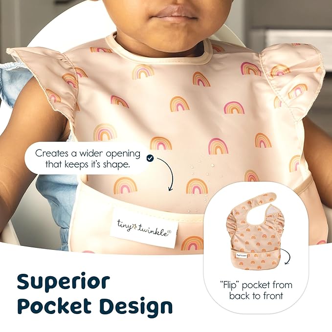Tiny Twinkle Mess Proof Baby Bibs for Eating – Waterproof, Wipeable Toddler Bibs with Pocket – Baby Food Bibs for Girls & Boys(3 Pack,Unicorn)