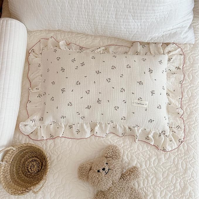 AOJIM Cotton Muslin Kids Toddler Pillowcase with Floral Print Patterns for Room Decor Super Soft Nursery Bedding Pillow Cover for Girls Boys Durable Baby Travel Pillowcase, Machine Washable, 26*20''