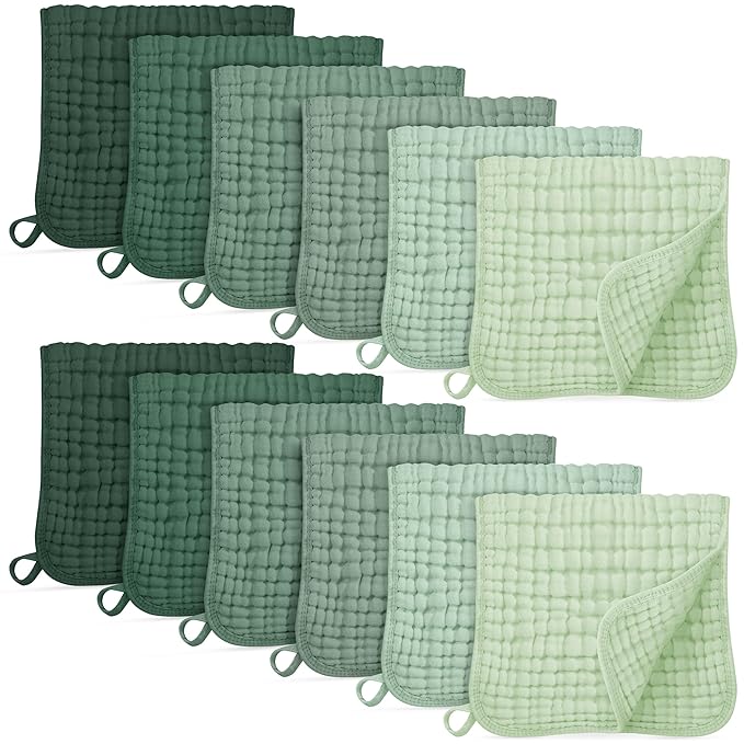 Muslin Burp Cloths for Baby 100% Cotton Burping Cloths for Boys Girls Large 20''X10'' Extra Soft and Absorbent 12 Pack - Gradient Green