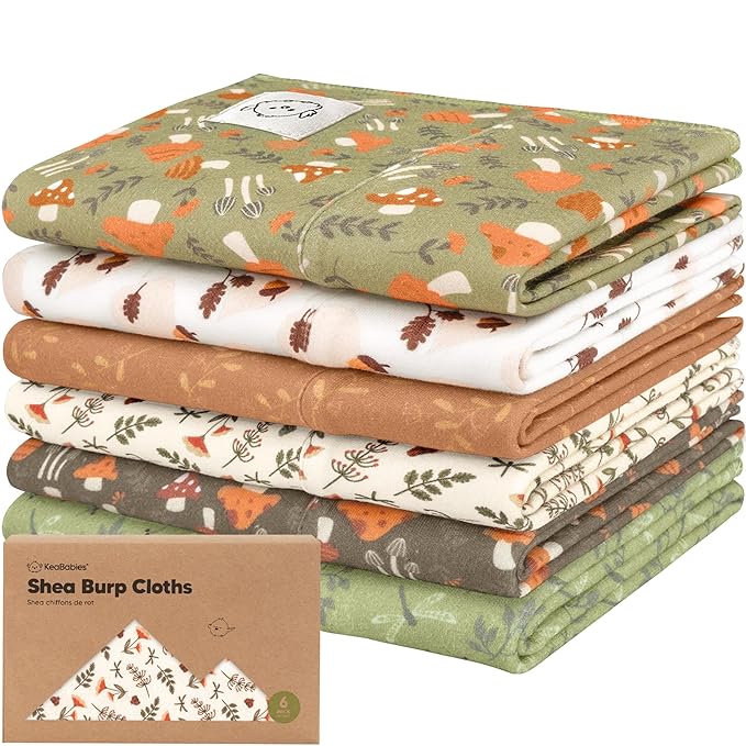 Organic Burp Cloths Baby Boy, Girl - 6-Pack Large Cotton Burping Cloths for Babies, Spit Up Rags, Super Absorbent, Ultra Soft Newborn Rag, Gender Neutral, Machine Washable, Durable (Fall Spores)