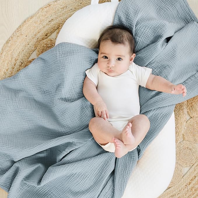 Konssy Muslin Swaddle Blankets for Boys Girls, 2 Pack Receiving Baby Blanket Large 47 x 47 inches, Soft Breathable Swaddling Wrap for Unisex Newborn (Star,Blue)