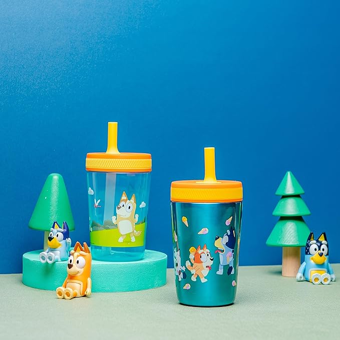 Zak Designs Bluey Kelso Tumbler Set, Leak-Proof Screw-On Lid with Straw, Bundle for Kids Includes Plastic and Stainless Steel Cups with Bonus Sipper, 3pc Set (Pack of 12)