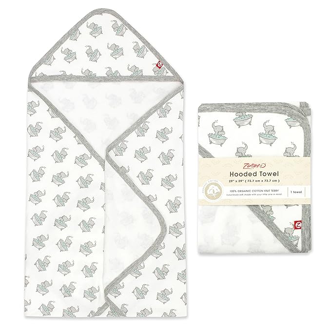 Zutano Hooded Baby Towels, Organic Cotton Baby Bath Towel, Ultra Soft and Absorbent Baby Towel for Newborn and Infant | Girl, Boy, and Unisex Towel Set, Elephant Bath Time, 1-Pack