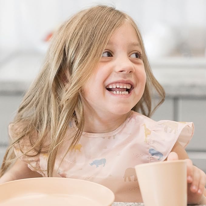 Tiny Twinkle Short Sleeve Apron Baby & Toddler Bib for Girls – Waterproof, Mess-Proof Bibs for Eating & Feeding, Machine Washable,Perfect Holiday Gift (Petite Safari, 6–24M)