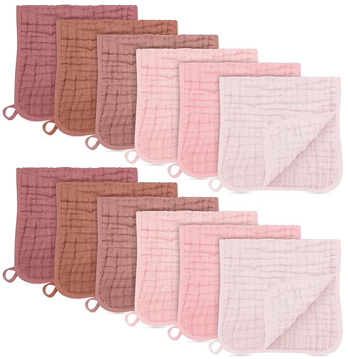 SWEET DOLPHIN 12 Pack Muslin Burp Cloths Large 100% Cotton Burping Clothes for Baby Drool - Absorbent and Soft Boys & Girls Milk Spit Up Rags for Newborn Essentials Registry - Dewy Petal