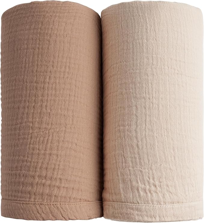 Konssy Muslin Swaddle Blankets for Boys Girls, 2 Pack Receiving Baby Blanket Large 47 x 47 inches, Soft Breathable Swaddling Wrap for Unisex Newborn (Brown, Cream)