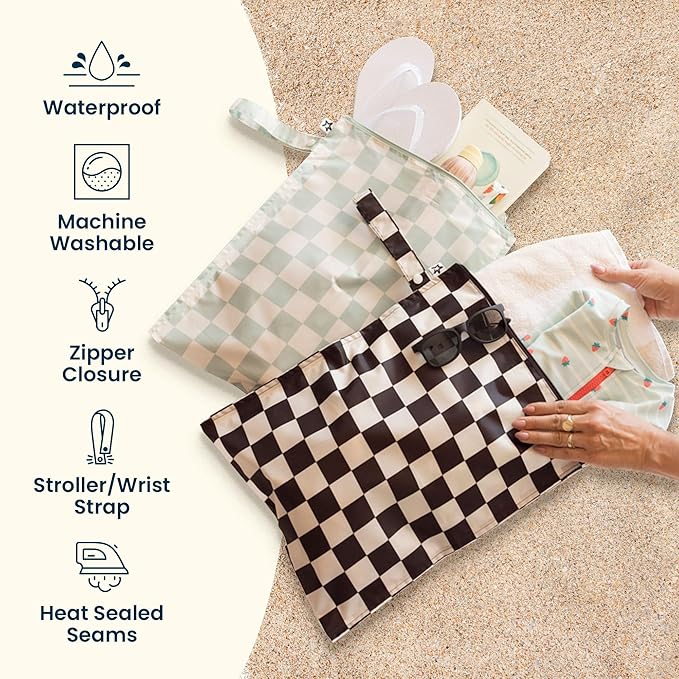 Tiny Twinkle Wet Dry Bag – 2 Pack Reusable Waterproof & Mess Proof Wet Bags for Swimsuits & Travel, Baby Towels & Beach Essentials,a Diaper Bag Must-Have(Zen Garden,Taupe)