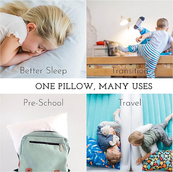 Little Sleepy Head Toddler Pillow with Pillowcase 13x18 - Kids Pillow for Sleeping - Better Neck Support Ergonomic Pillow and Toddler Pillowcase - Best Pillows for Kids(Trucks 'N Cars)