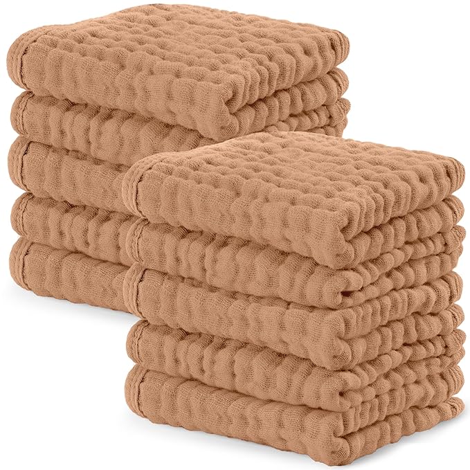 Comfy Cubs Muslin Baby Washcloths 10 Pack - Soft 6-Layer Cotton Wash Cloths for Sensitive Skin - 10"x10" Large, Gentle, Absorbent Infant Essentials for Newborn and Toddlers - Caramel