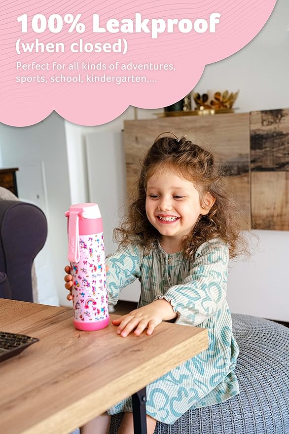 Jarlson® Mali Children's Water Bottle, Thermal Stainless Steel Water Bottle, BPA-Free, Leak-Proof, Children's Bottle with Chug Lid, Bottle for School, Nursery (Unicorn, 500 ml)
