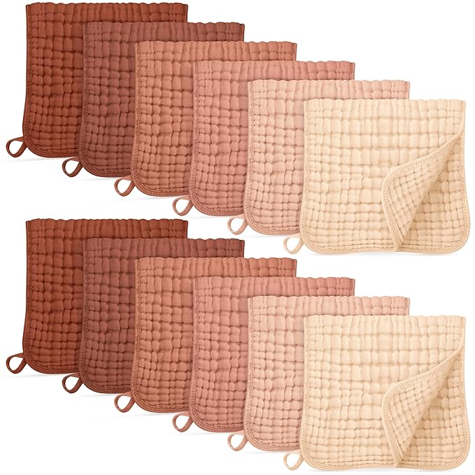 Muslin Burp Cloths for Baby 100% Cotton Burping Cloths for Boys Girls Large 20''X10'' Extra Soft and Absorbent 12 Pack - Gradient Caramel