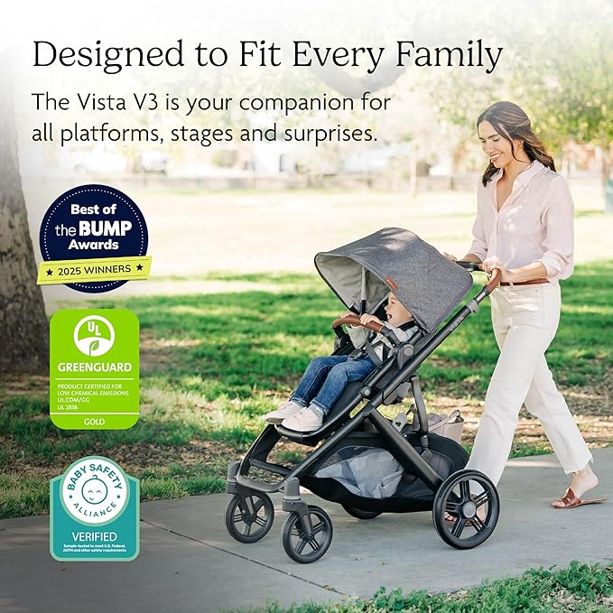 UPPAbaby Vista V3 Stroller - Full-Size Single-to-Double Stroller System - Toddler Seat, Bug Shield, Rain Shield, and Storage Bag Included - Greyson (Charcoal Mélange/Carbon Frame/Saddle Leather)
