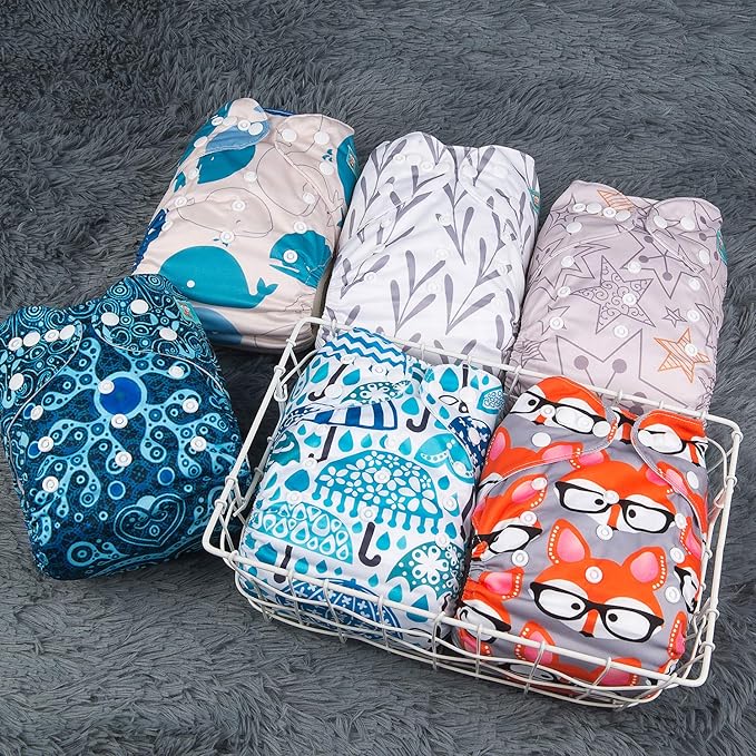ALVABABY 6 Pack Cloth Diaper with 12 Inserts One Size Adjustable Washable Reusable Diaper Cover for Baby Girls and Boys