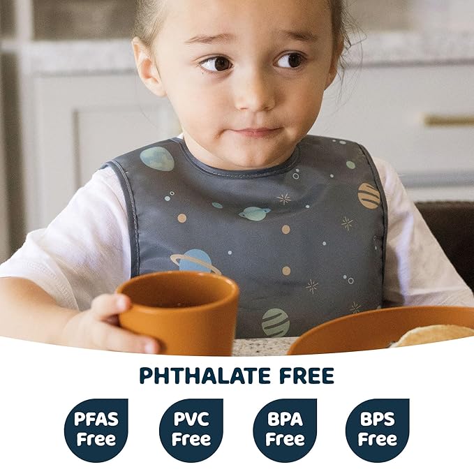 Tiny Twinkle Short Sleeve Apron Baby & Toddler Bib for Boys – Waterproof, Mess-Proof Bibs for Eating & Feeding, Machine Washable, Perfect Holiday Gift (Space, 6–24M)